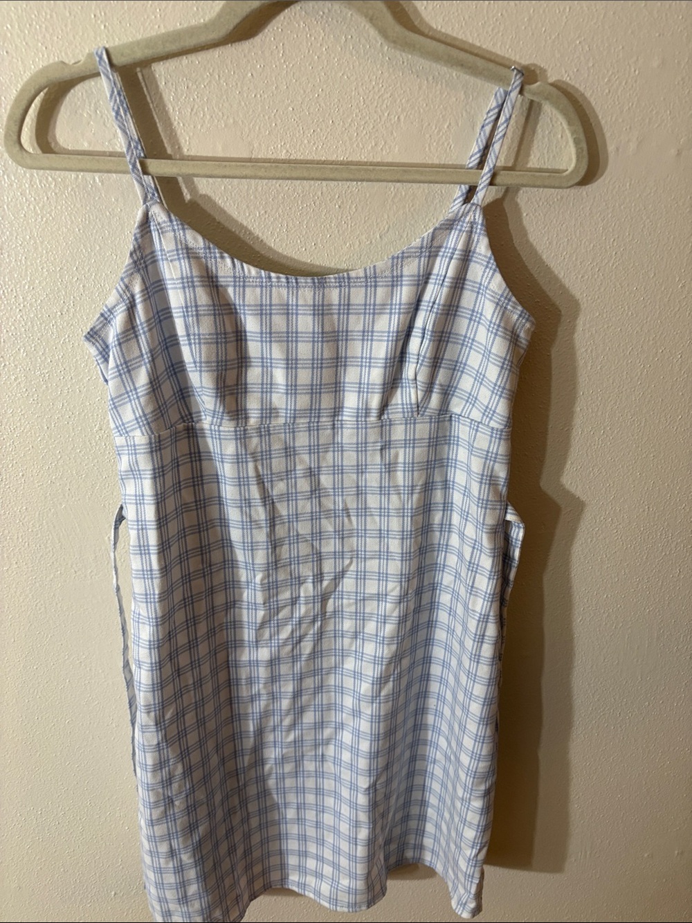 Brandy Melville White & Light Blue Plaid Spaghetti Strap Mini Dress